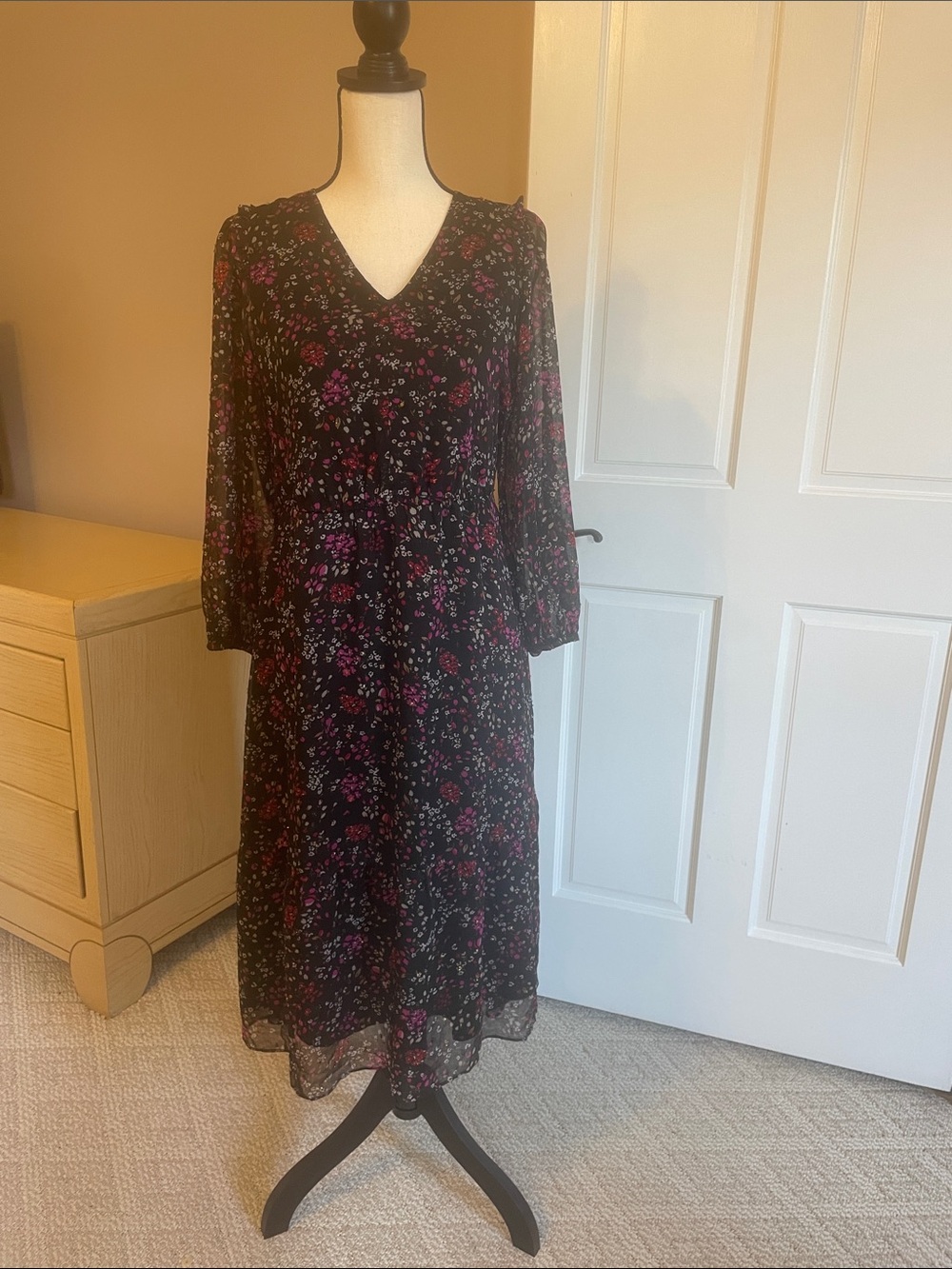 Ann Taylor Black Midi Dress with Pink Floral Print
